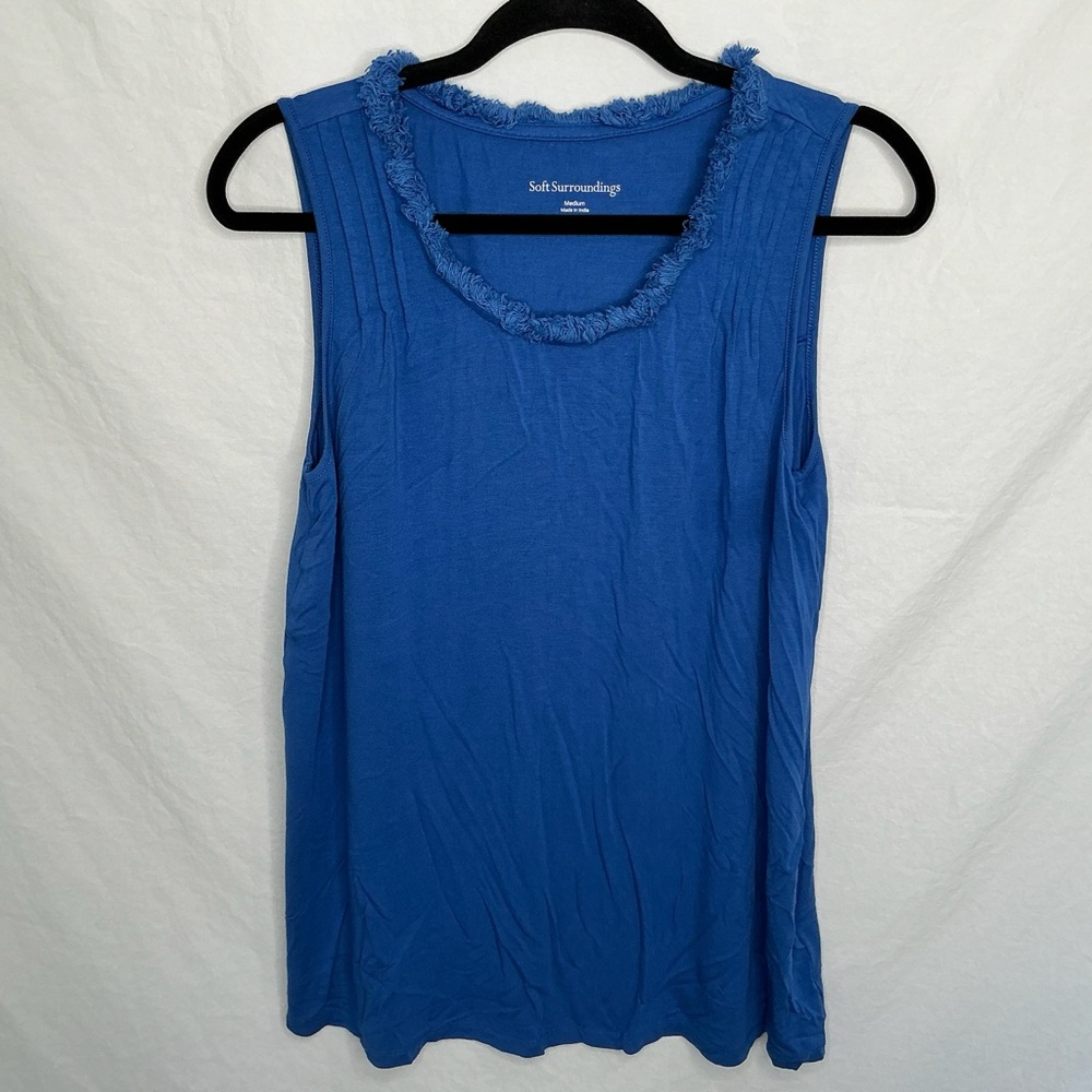 Soft Surroundings Sofia‎ Tank Blue Fringe Neckline Medium Pleated Sleeveless Top